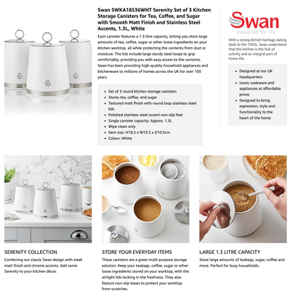 Swan Serenity Canisters Set Coffee Tea Sugar SWKA18536WHT (White)