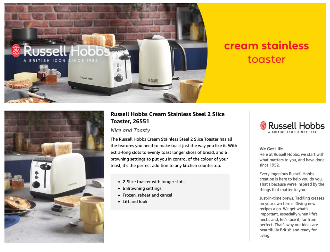 Cream stainless 2-slice toaster with browning controls and two slots