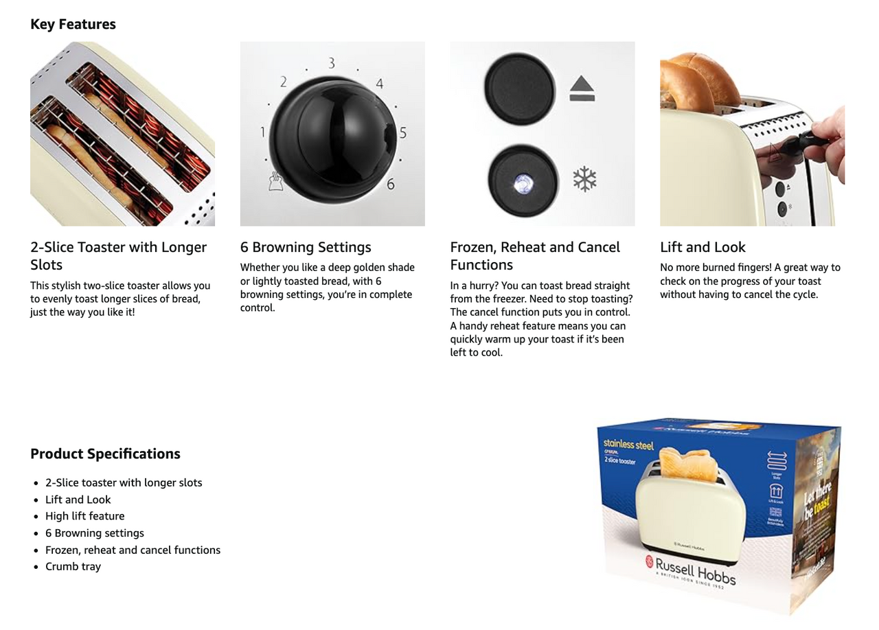 Jasmine cream 2-slice toaster key features diagram on product packaging.