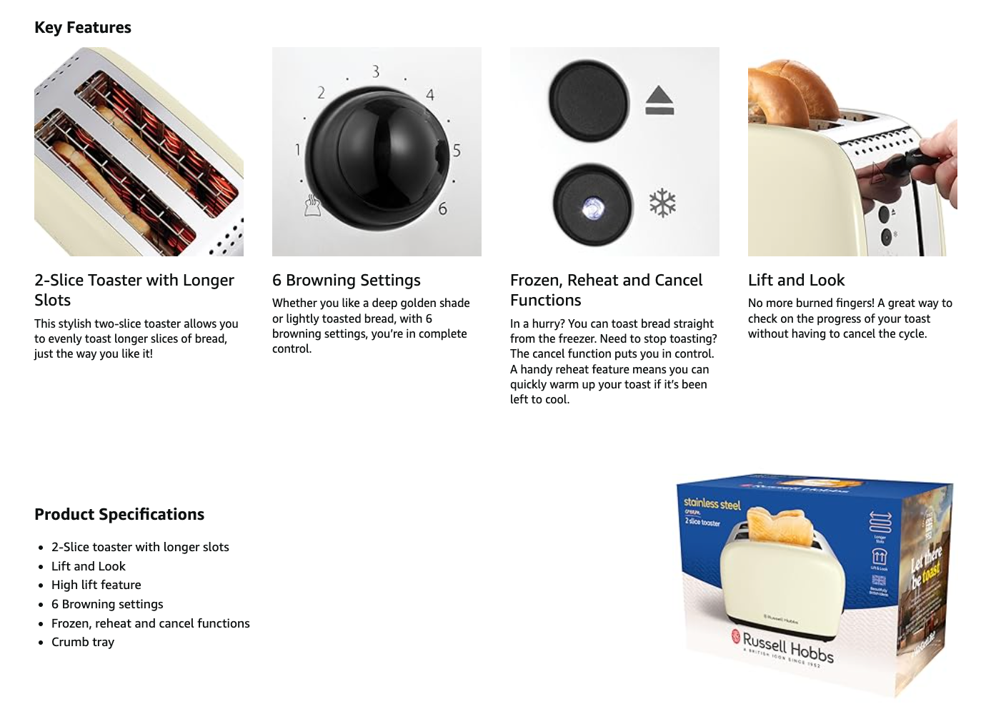 Jasmine cream 2-slice toaster key features diagram on product packaging.