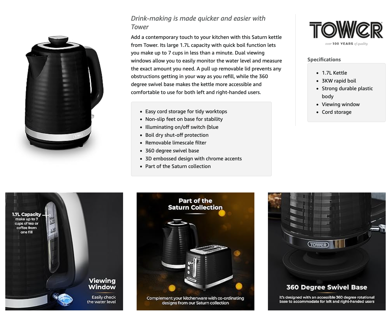 Tower Saturn Kettle & 2 Slice Toaster Kitchen Set (Black)