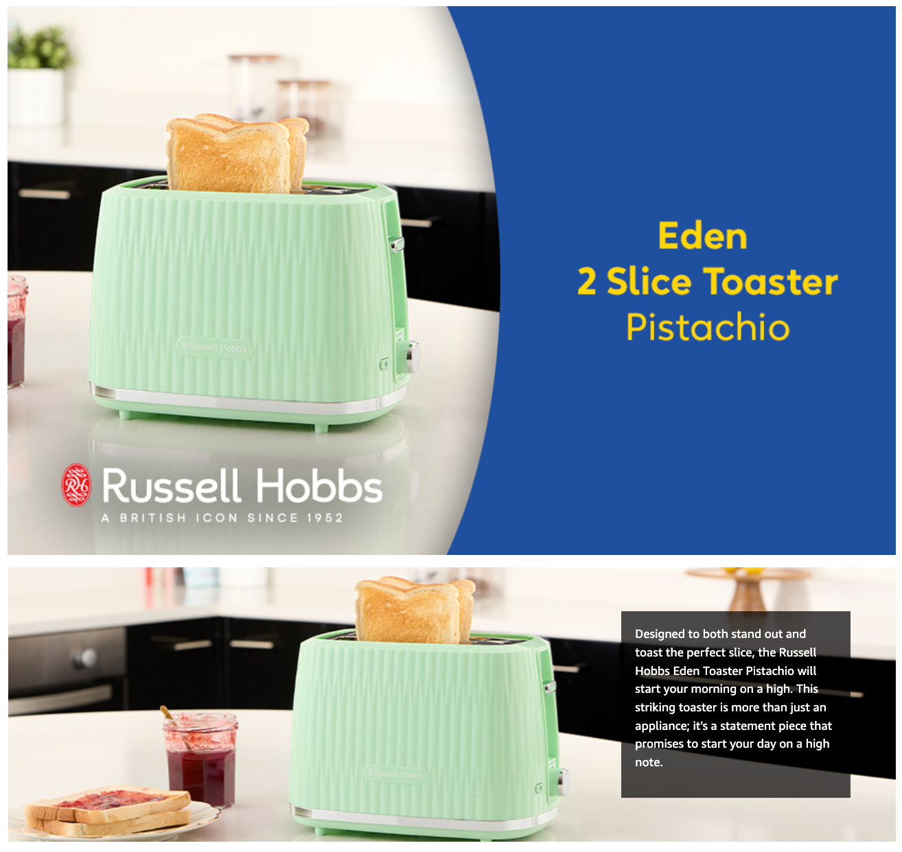 Mint green Eden 2-slice toaster on a counter, centered front view with bread inside