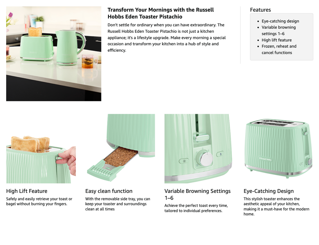Mint green 2-slice toaster with feature callouts and multiple product angles on a panel