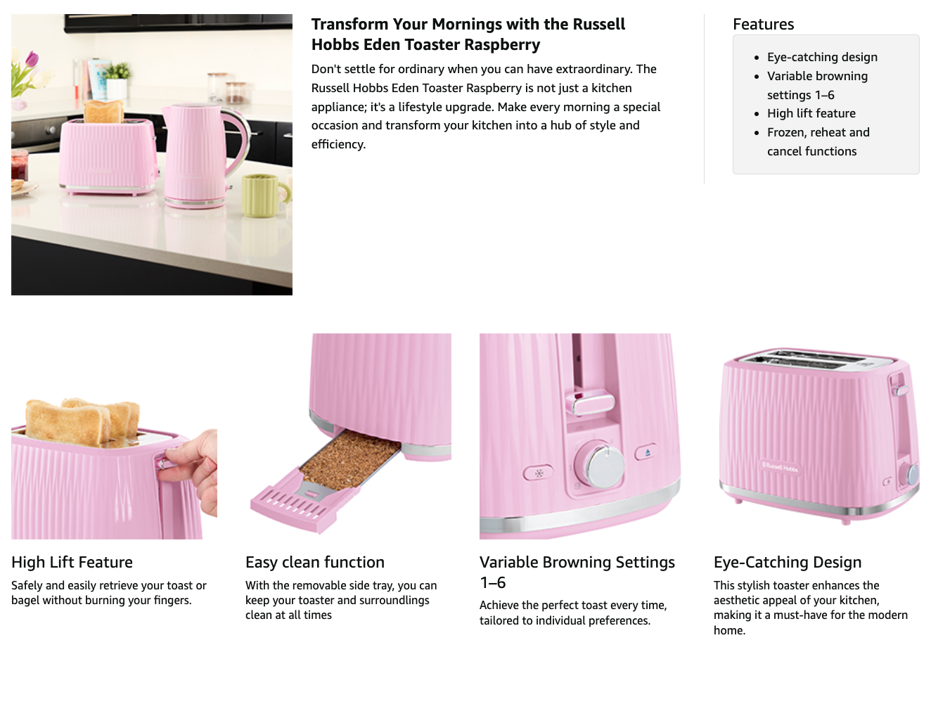 Russell Hobbs Eden Kettle 27362 Pink (Raspberry) - Vibe Home