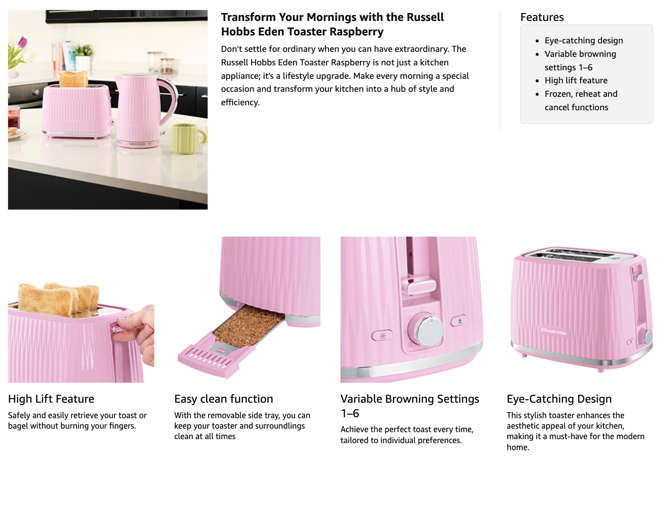 Russell Hobbs Eden 2 Slice Toaster 27372 (Raspberry Pink)