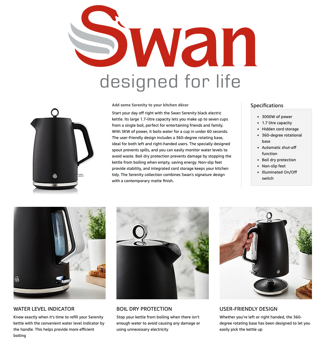 Swan Serenity Jug Kettle SK14017BLK (Black)