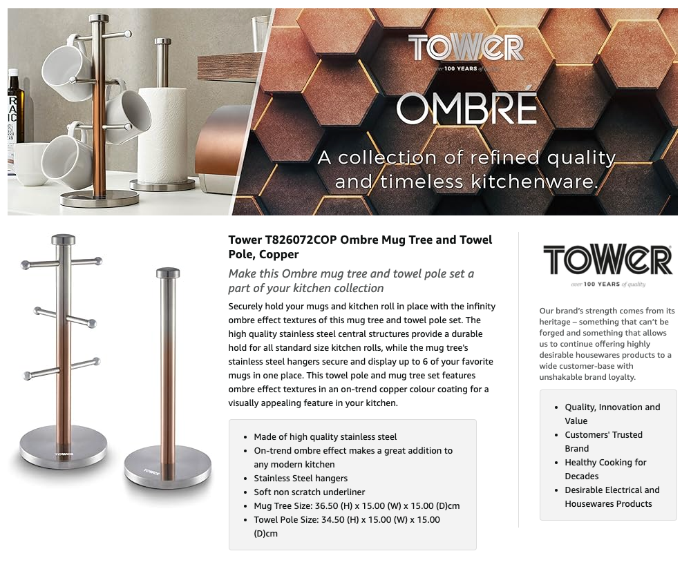 Copper mug tree and towel pole with white mugs and paper towel roll on round stand