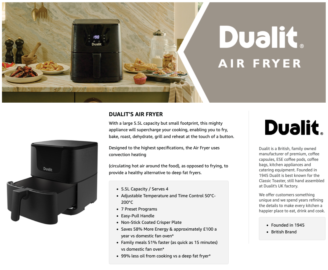 Dualit air fryer product box showing appliance image and features panel.