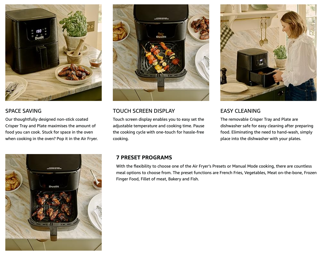 Dualit 5.5L air fryer black with digital touch screen and visible cooking basket
