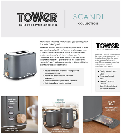 Tower Scandi 2 Slice Toaster T20027G (Grey)