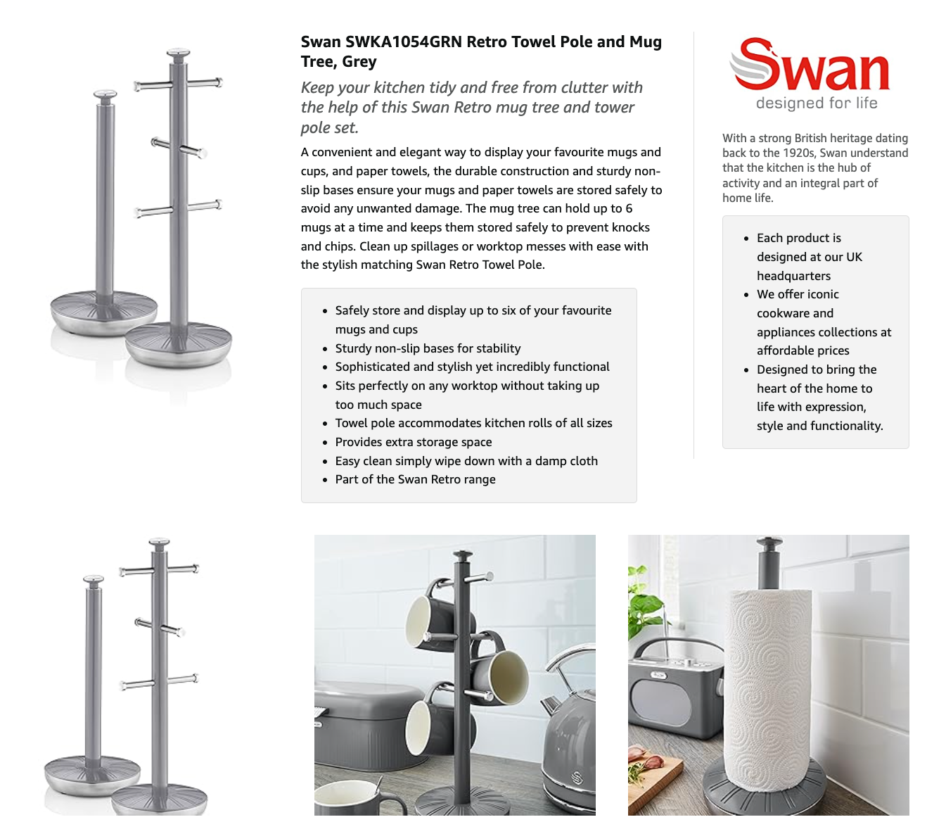 Swan Retro Towel Pole & Mug Tree Kitchen Set SWKA1054GRN (Grey)