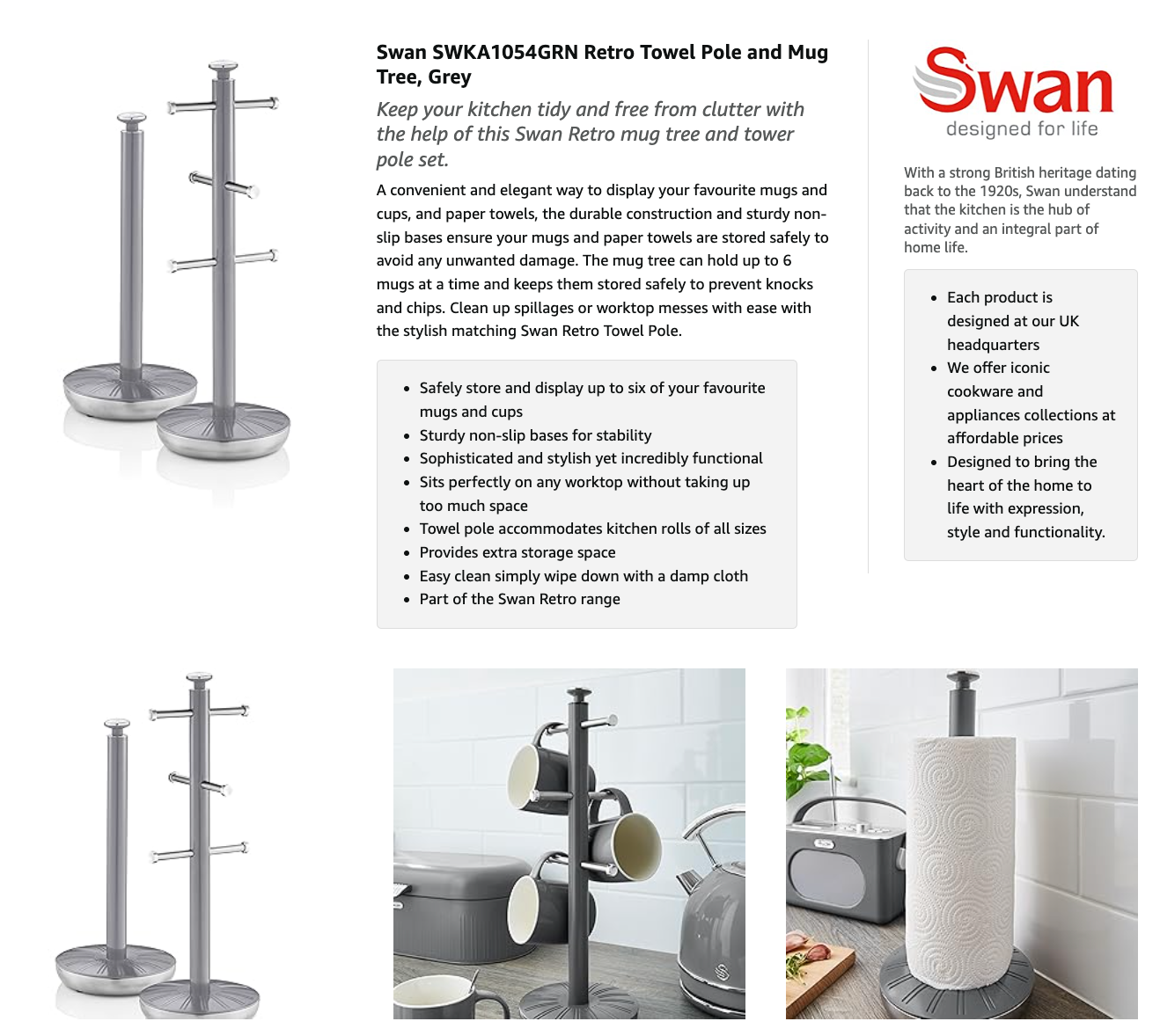 Grey retro towel pole and mug tree set shown with hanging arms and bases