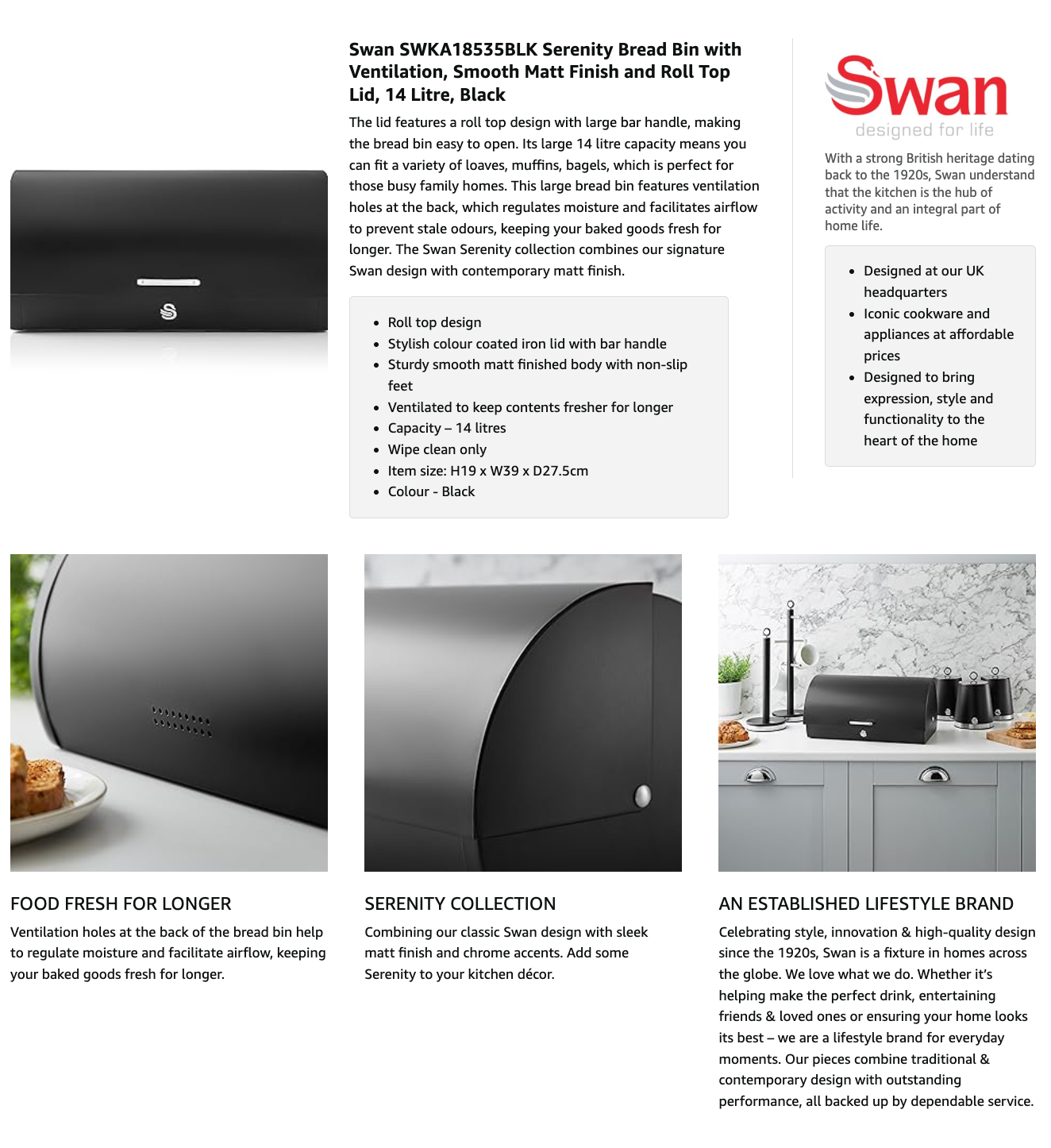 Swan Serenity Bread Bin SWKA18535BLK (Black)