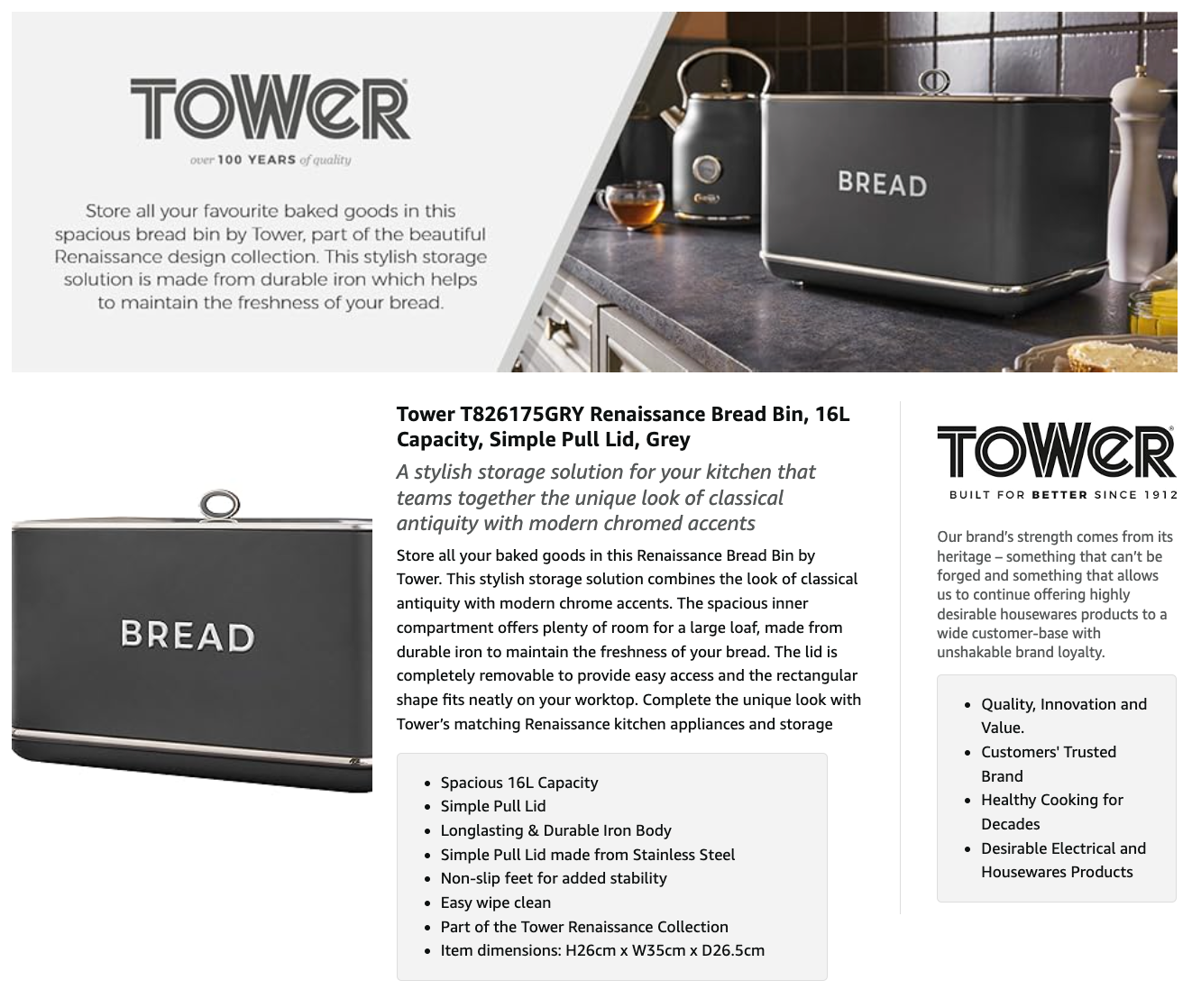 Tower Renaissance Bread Bin & Canisters Kitchen Set (Grey)