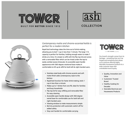 Tower Ash Pyramid Kettle & 2 Slice Toaster Kitchen Set (Grey)