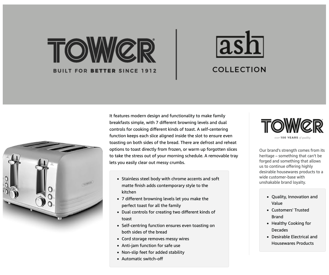 Tower Ash Pyramid Kettle & 4 Slice Toaster Kitchen Set (Grey)