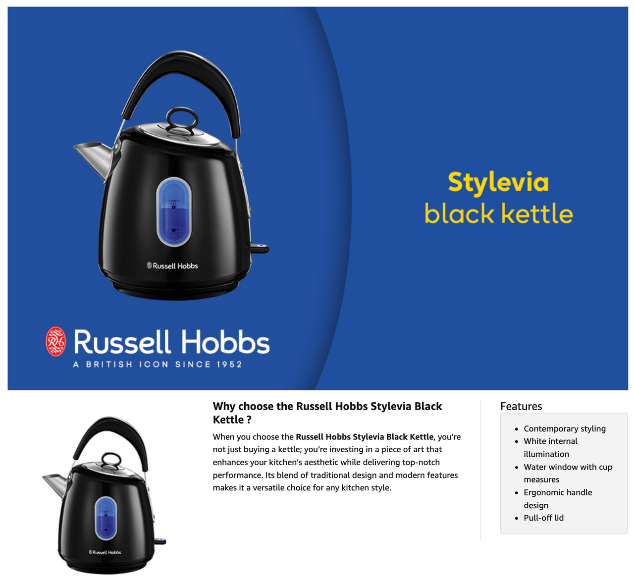 Russell Hobbs Stylevia black pyramid kettle with arched handle and blue window