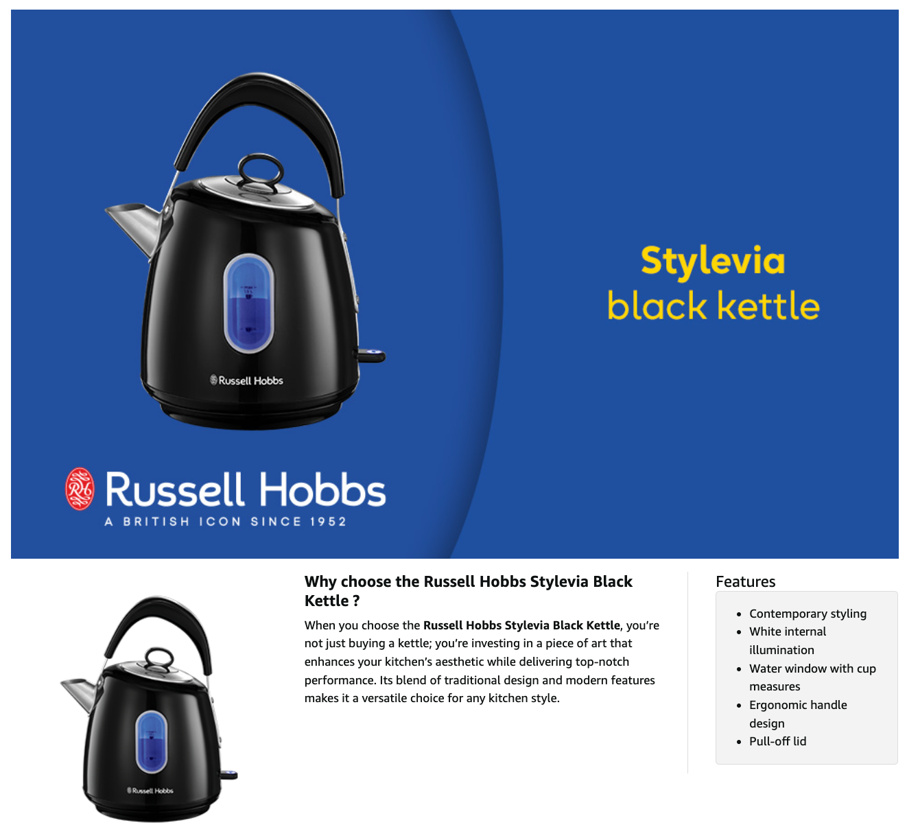 Russell Hobbs Stylevia Kettle with Modern Features 28131 (Black)