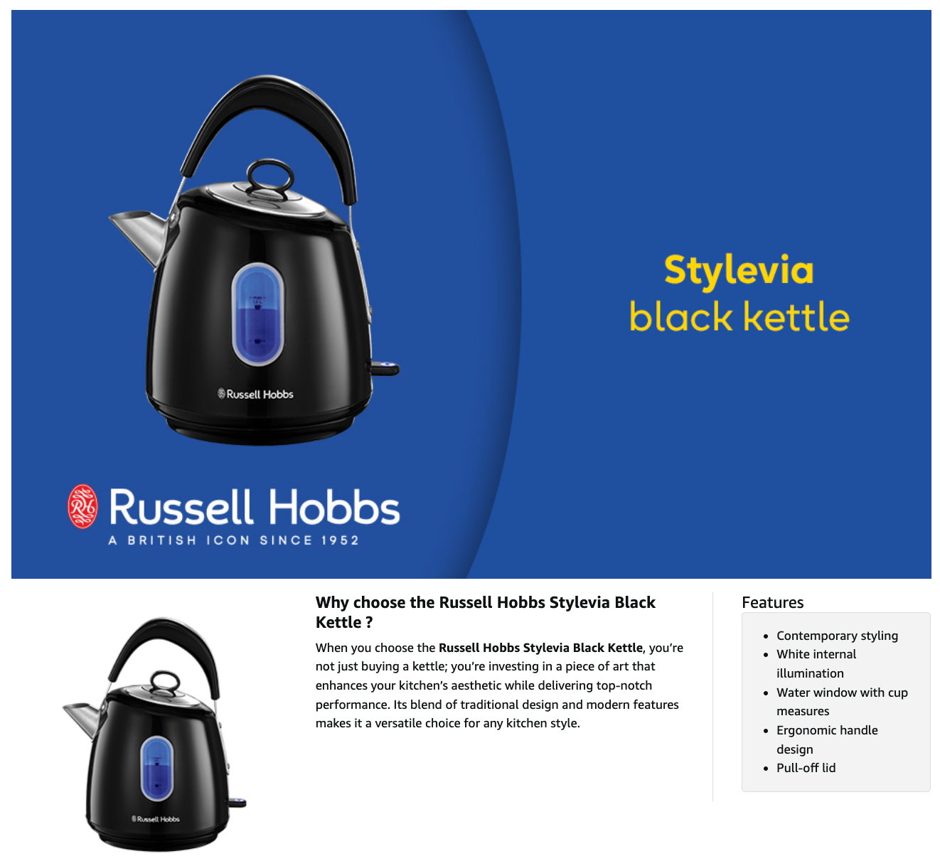 Russell Hobbs Stylevia black pyramid kettle with arched handle and blue window