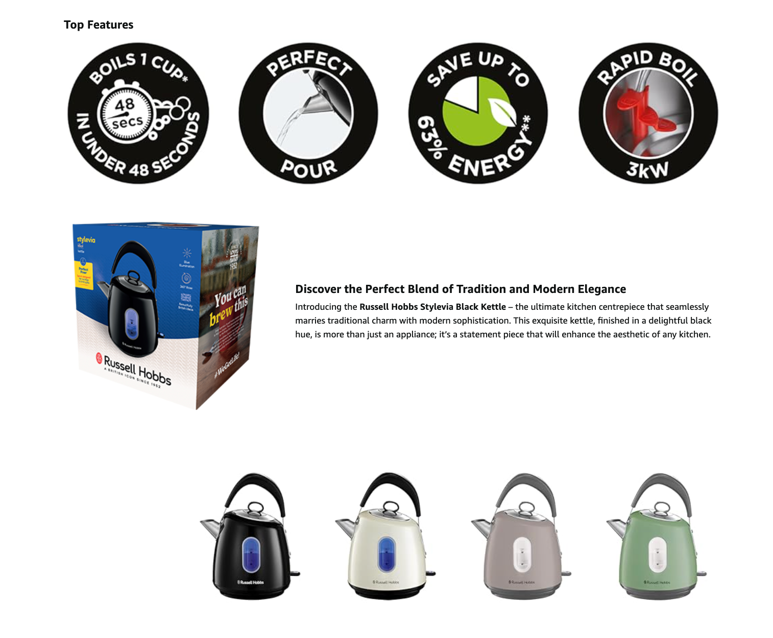 Black Russell Hobbs Stylevia pyramid kettle shown with other colors and retail box