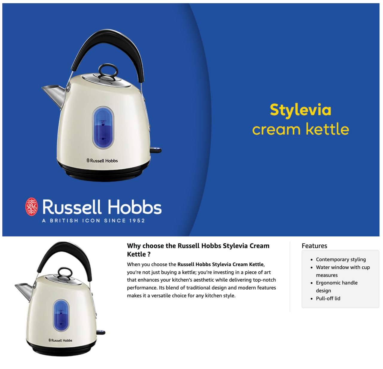 Russell Hobbs Stylevia Pyramid Kettle 28132 (Cream).