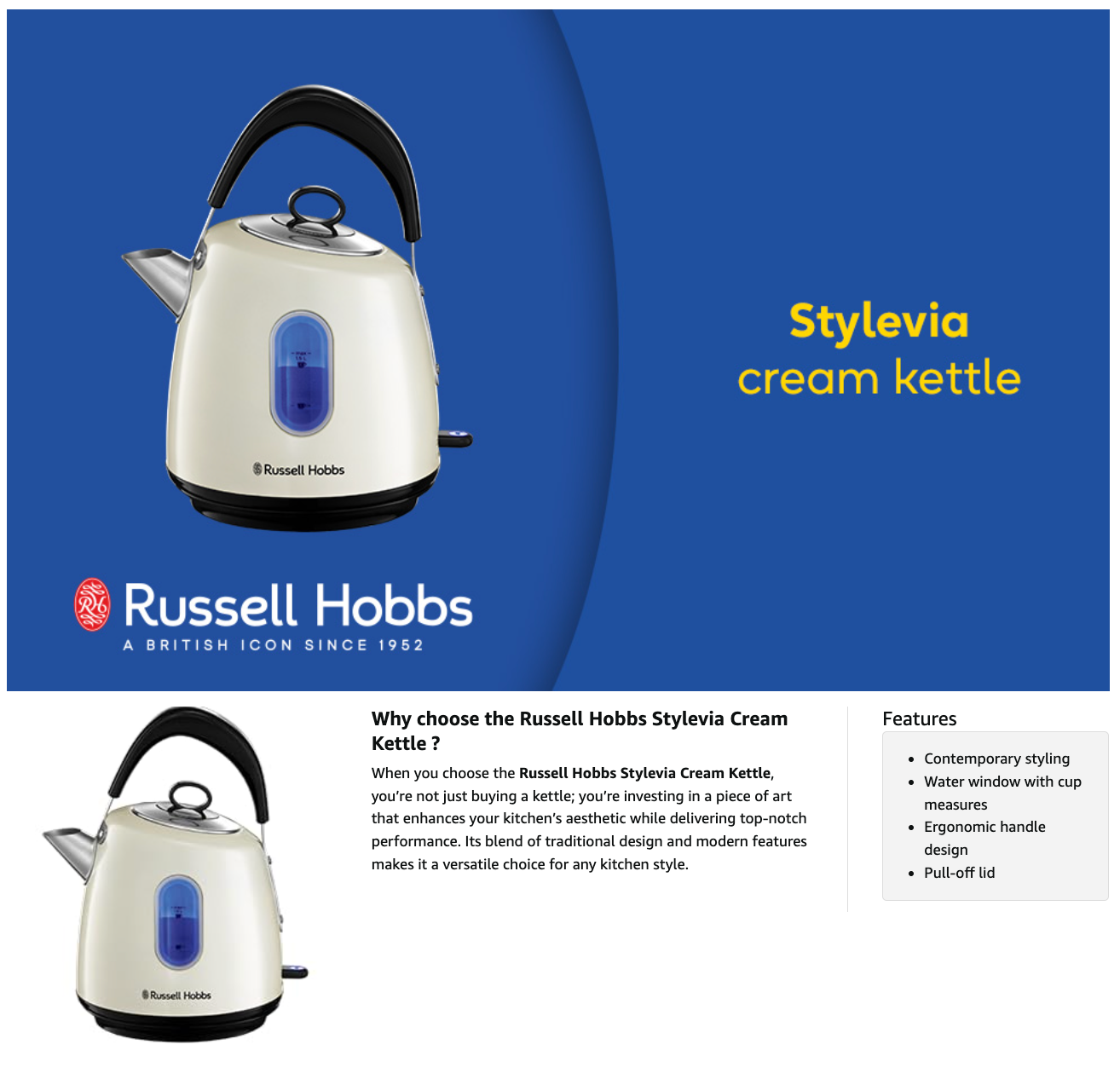 Russell Hobbs Stylevia 1.5L Kettle 28132 (Cream)