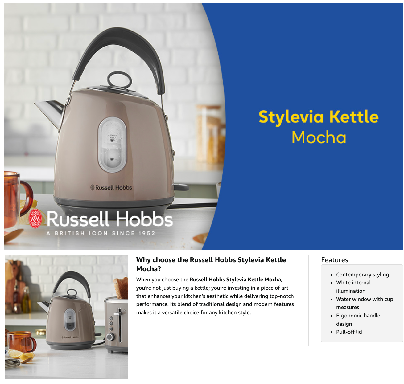 Russell Hobbs Stylevia Kettle & 4 Slice Toaster Kitchen Set (Mocha)