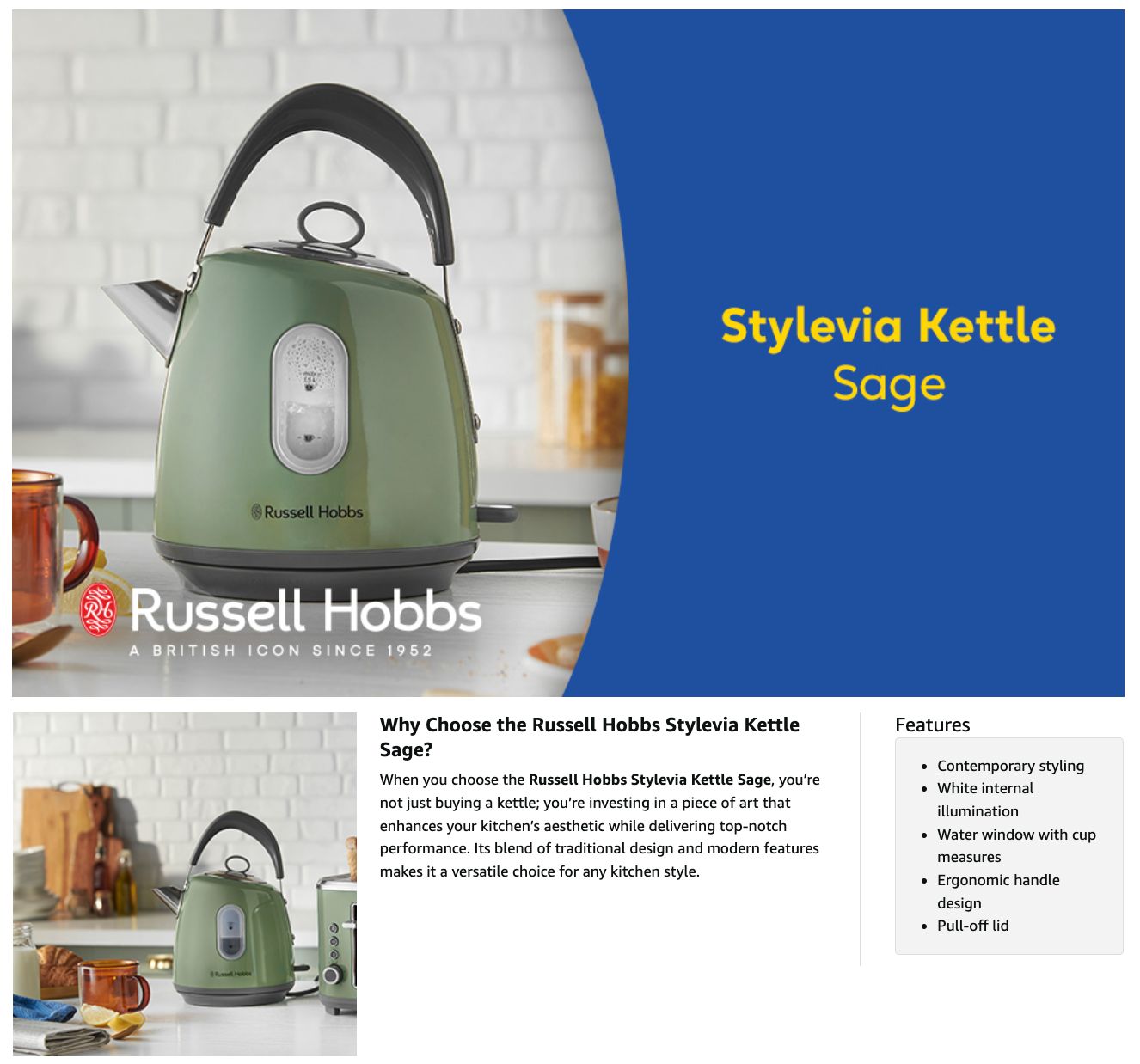 Russell Hobbs Stylevia Pyramid Kettle 28134 (Sage).