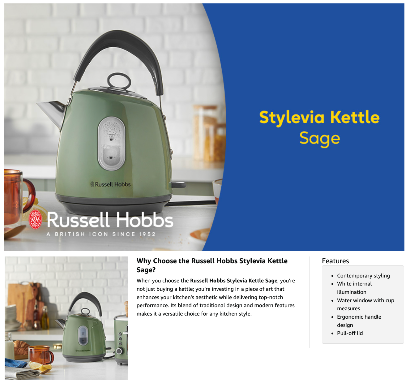 Russell Hobbs Stylevia Kettle & 4 Slice Toaster Kitchen Set (Sage Green)