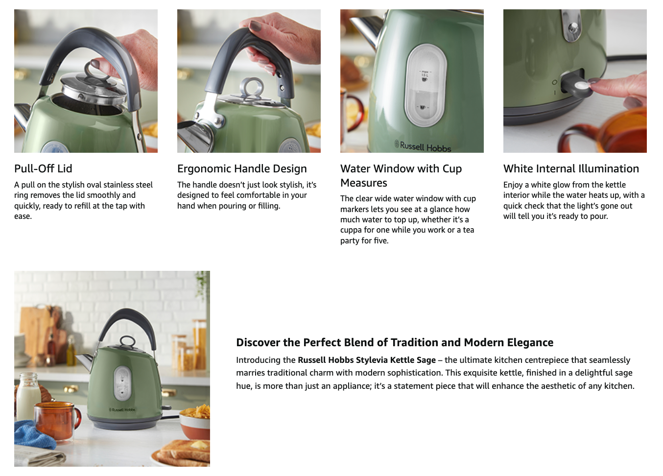 Russell Hobbs Stylevia Kettle & 4 Slice Toaster Kitchen Set (Sage Green)