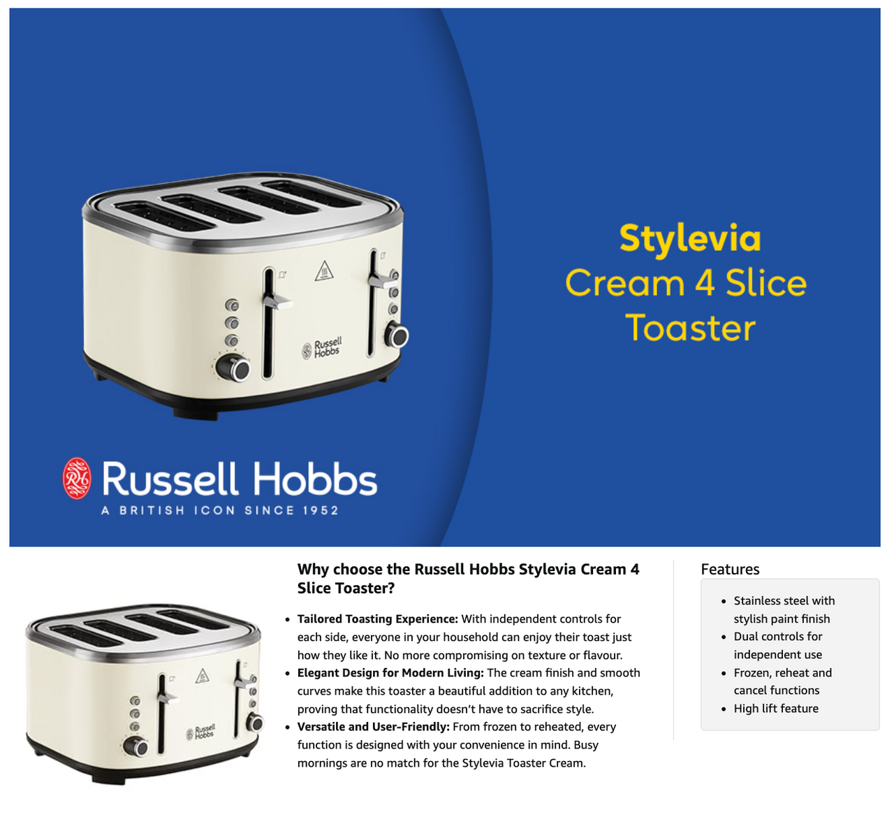 Cream 4-slice toaster with control dials and four slot openings