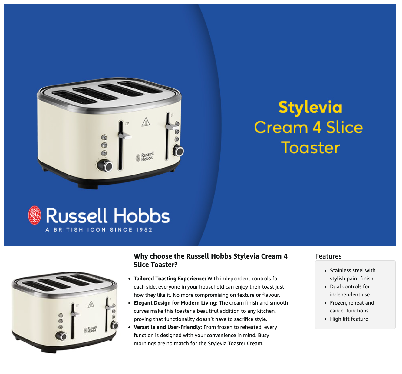 Russell Hobbs Stylevia 4 Wide Slot Toaster 26291 (Cream)