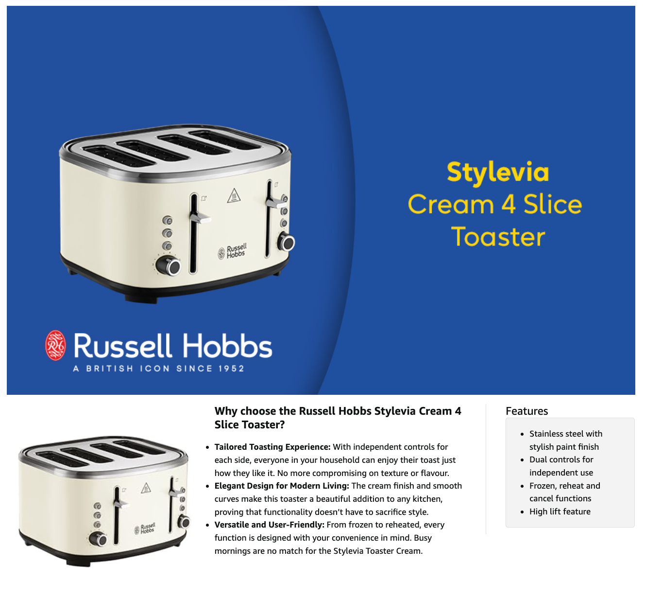 Cream 4-slice toaster with control dials and four slot openings
