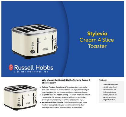 Russell Hobbs Stylevia 4 Wide Slot Toaster 26291 (Cream)