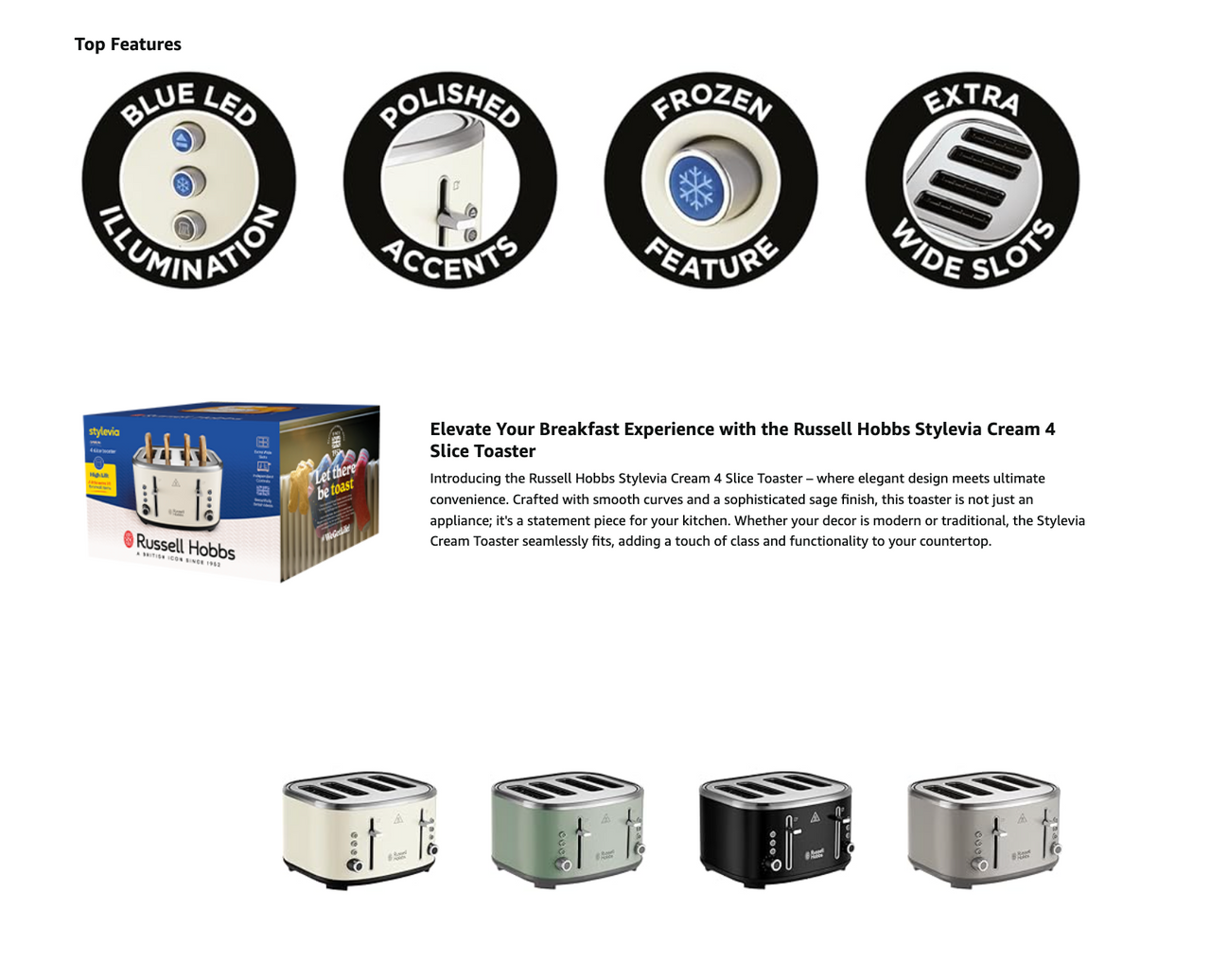 4-slice toaster shown in multiple colors with top slot vents