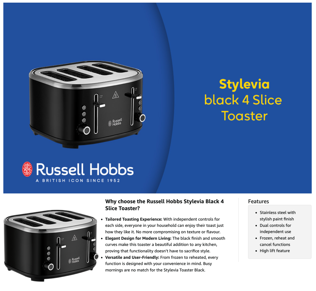 Russell Hobbs Stylevia 4 Wide Slot Toaster 26292 (Black)