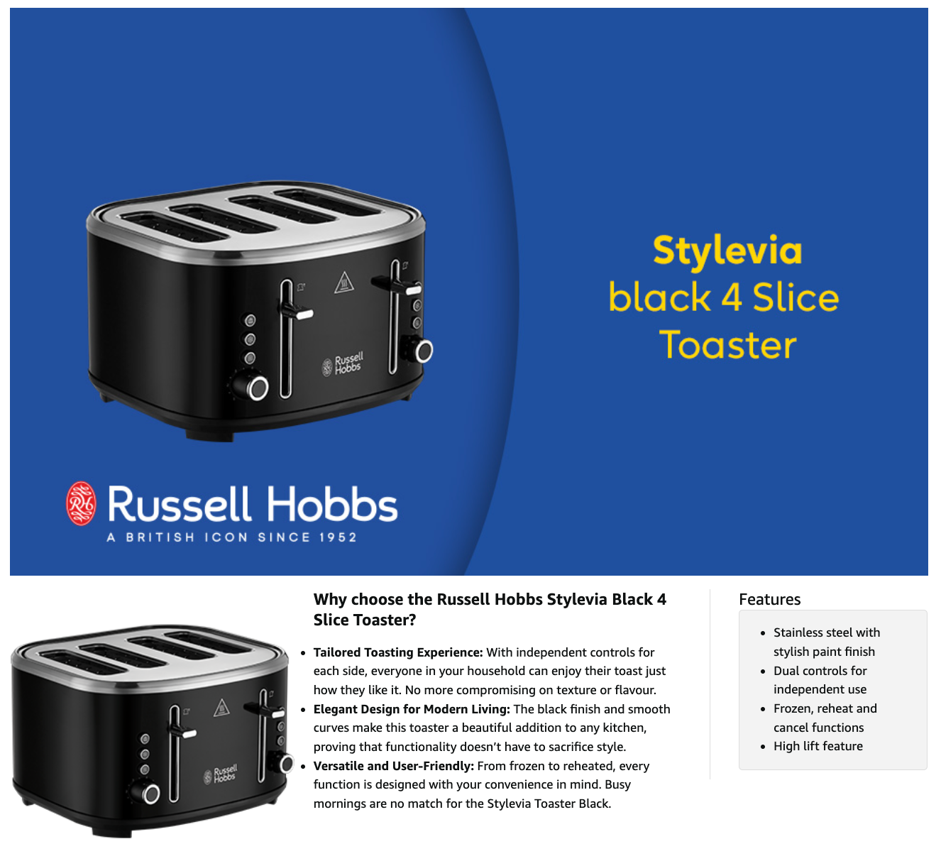 Black toaster with 4 slots and control panel on front, shown on a stand