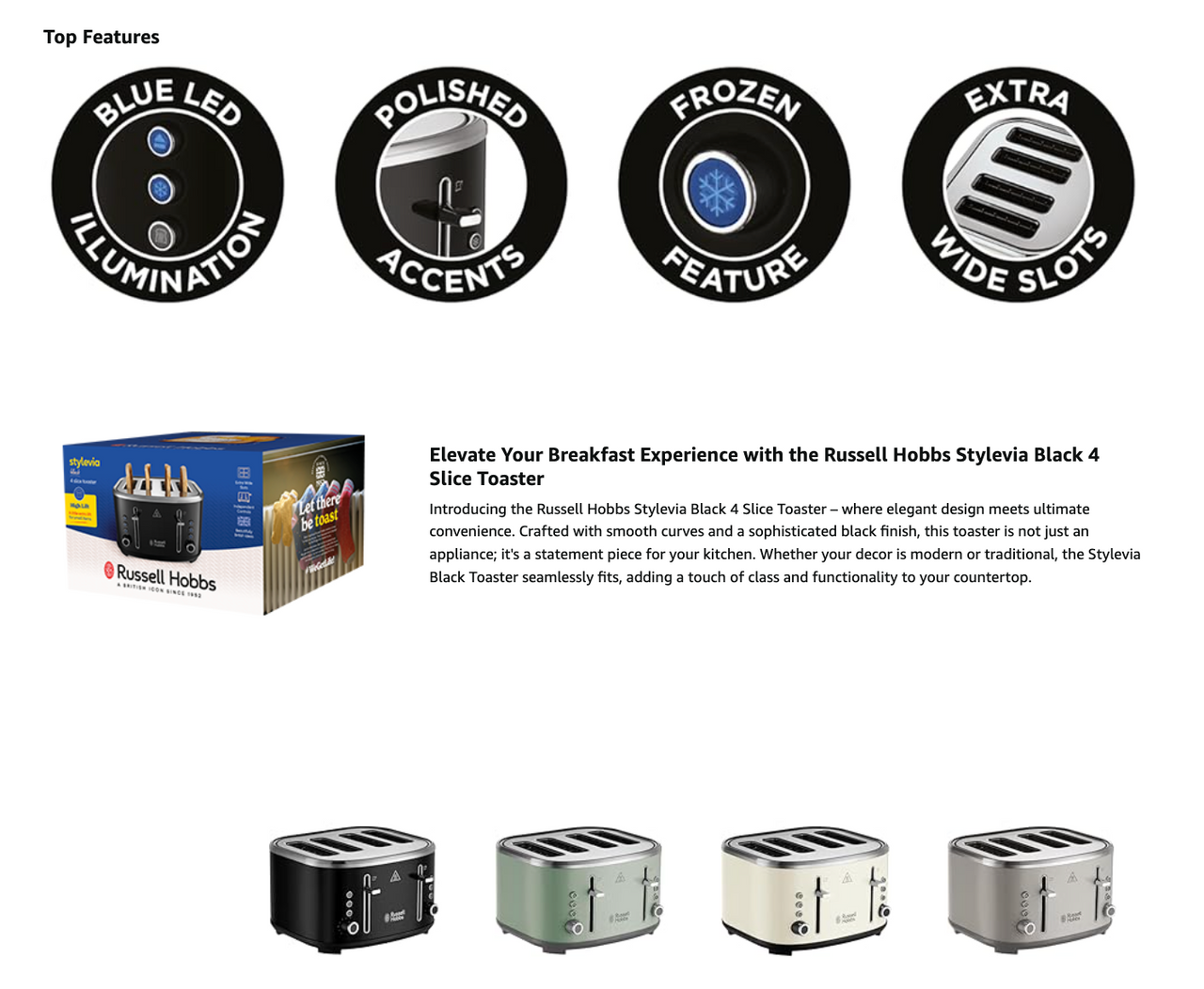 Russell Hobbs 4-slice toaster shown with packaging and four slot feature icons