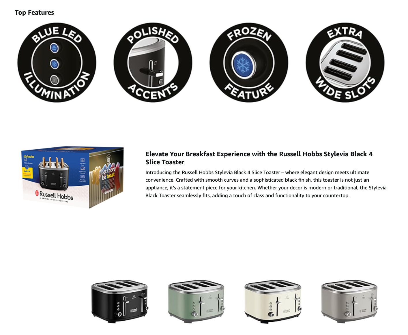 Russell Hobbs 4-slice toaster shown with packaging and four slot feature icons