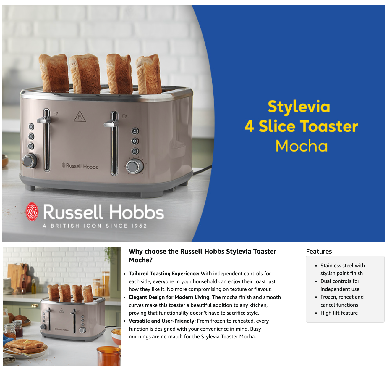 Russell Hobbs Stylevia 4 Slice Toaster Mocha packaging with toast photo