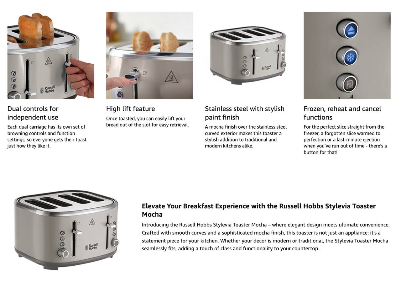 Russell Hobbs Stylevia toaster brochure page with product and features