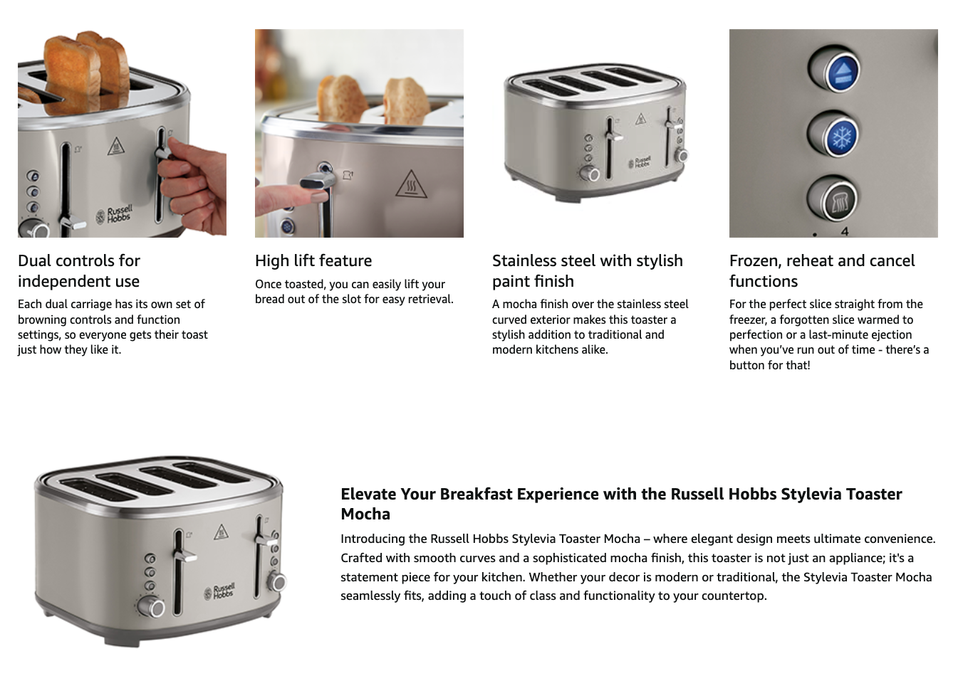 Russell Hobbs Stylevia toaster brochure page with product and features