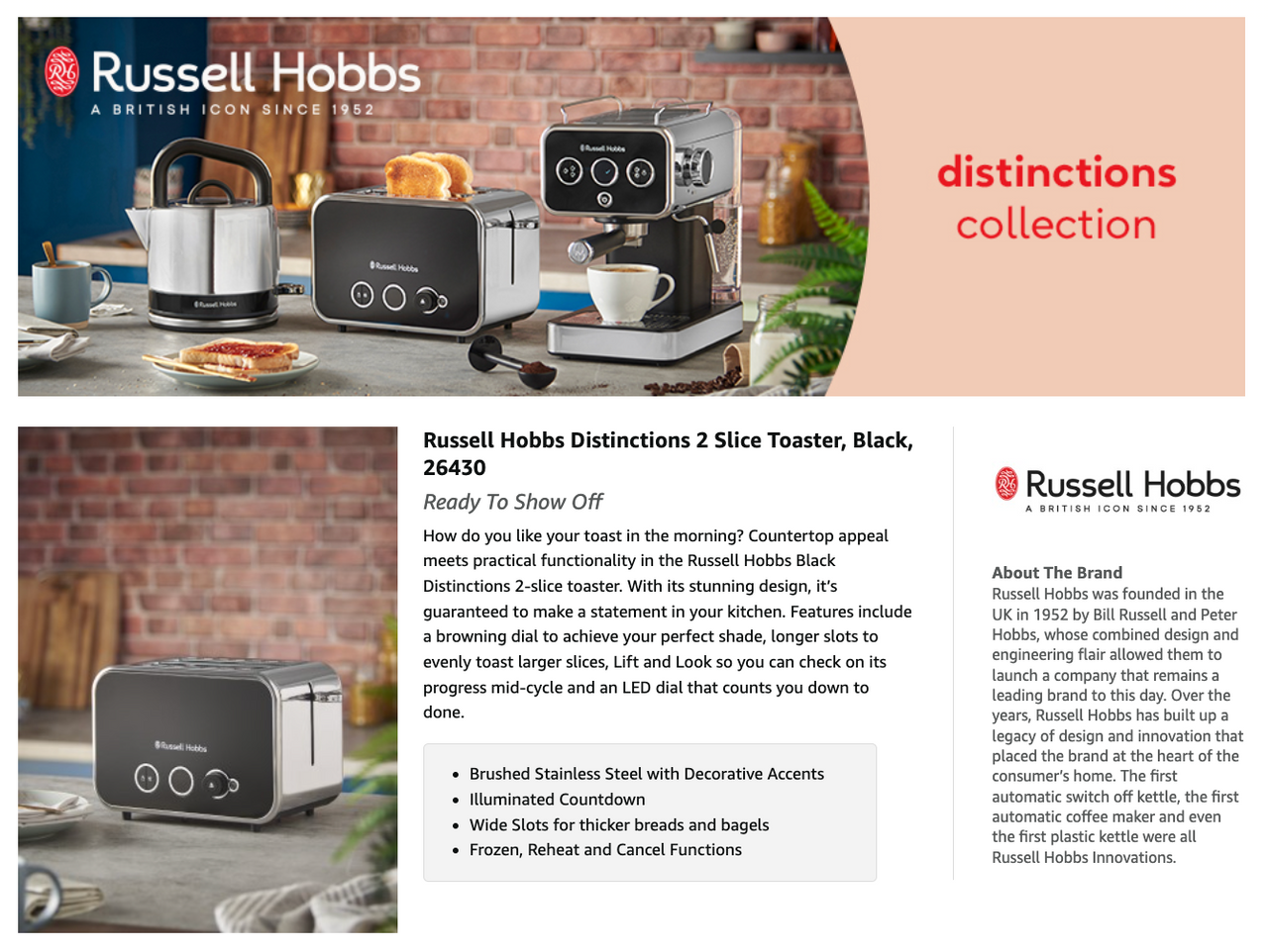 Brochure page featuring a black Russell Hobbs 2-slice toaster with product images