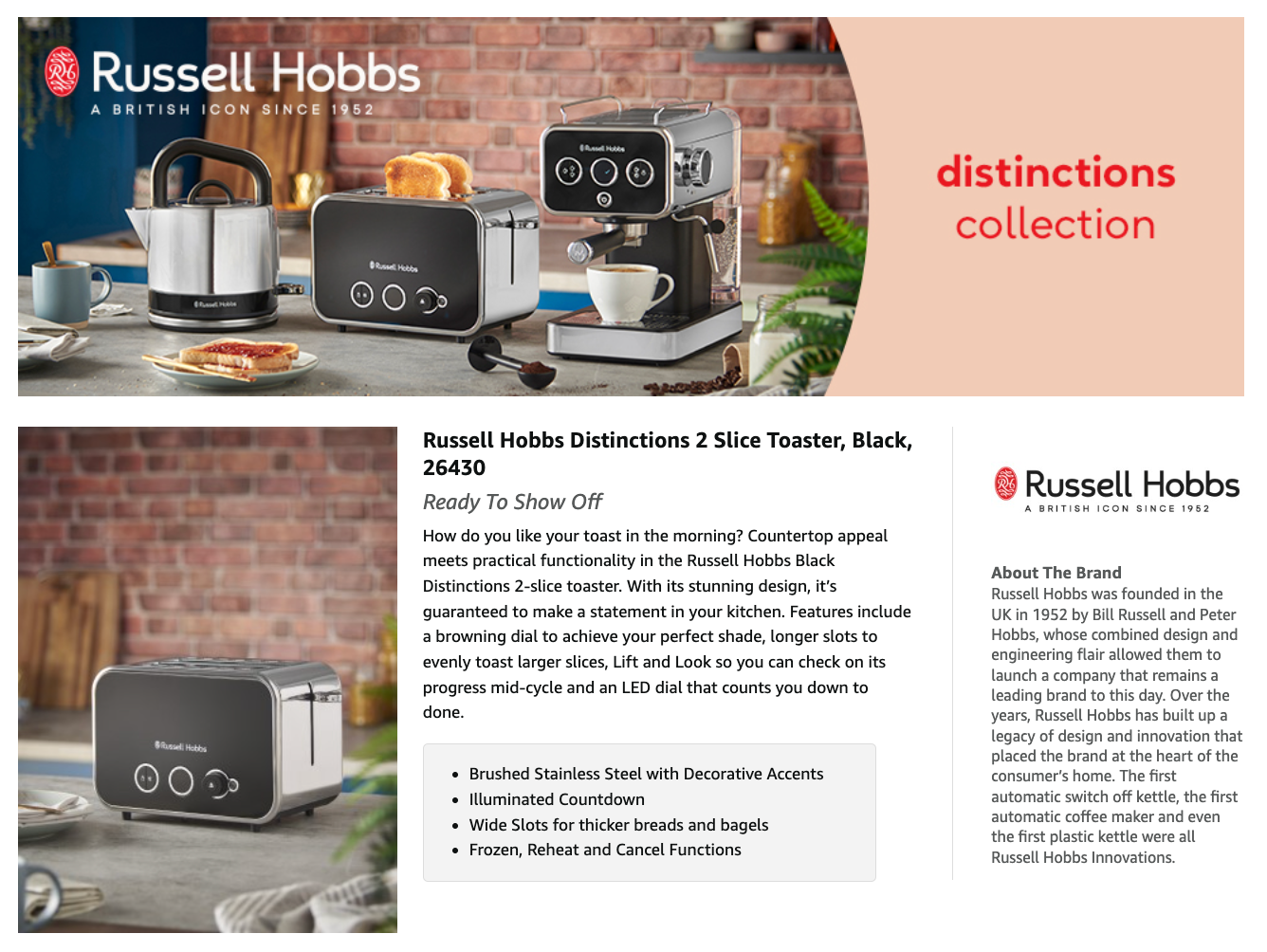 Brochure page featuring a black Russell Hobbs 2-slice toaster with product images