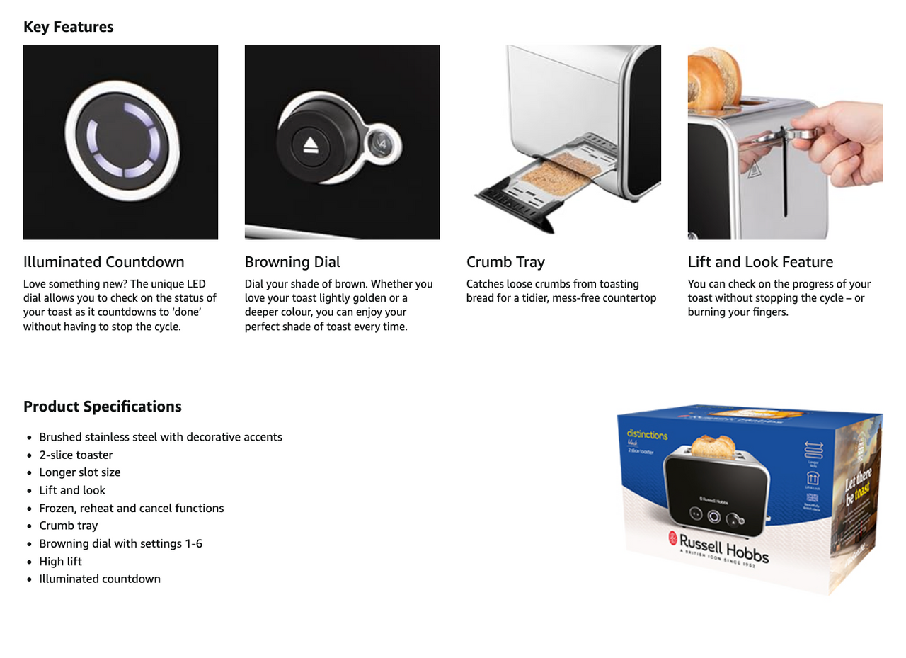Toaster feature diagram with countdown and browning dial icons, crumb tray and lift mechanism