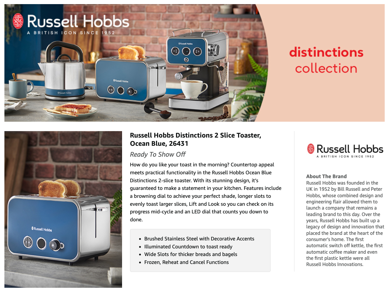 Russell Hobbs Distinctions 2 Slice Toaster Extra Long Slots 26431 (Ocean)