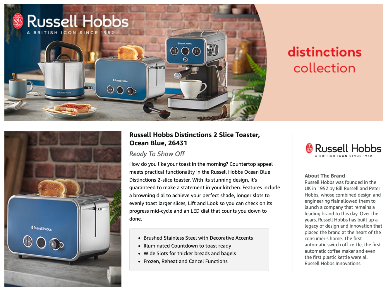 Russell Hobbs distinctions collection 2-slice toaster box featuring ocean blue toaster