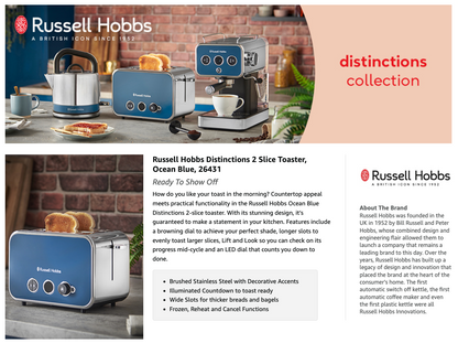 Russell Hobbs Distinctions 2 Slice Toaster Extra Long Slots 26431 (Ocean)