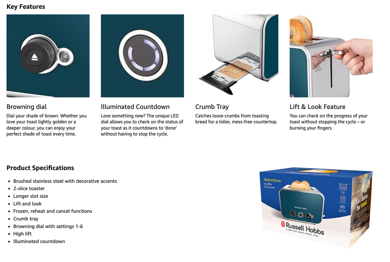 Ocean blue 2-slice toaster with illuminated countdown and crumb tray on product box