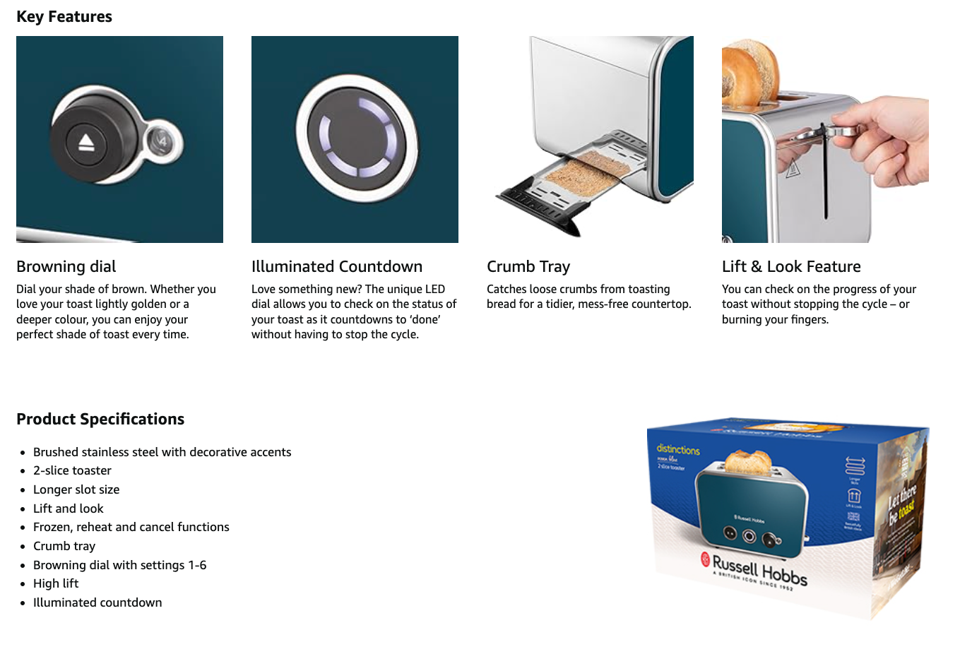 Russell Hobbs Distinctions 2 Slice Toaster Extra Long Slots 26431 (Ocean)